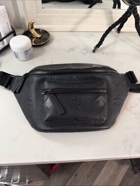 MCM Black Embossed Leather Belt Bag